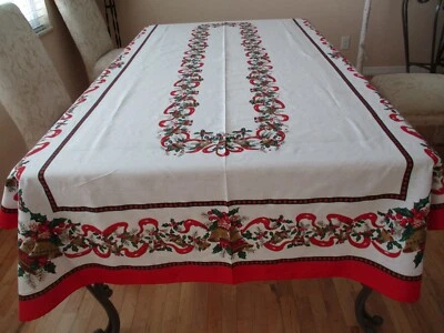 $7.95 • Buy Vintage Christmas Tablecloth White Red Green Bells Holly Ribbon Cutter Repurpose