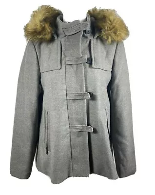 NWTs Zara Gray Overcoat Zipper Buttons Pockets Faux Fur Felted Detachable Hood M • $34.99