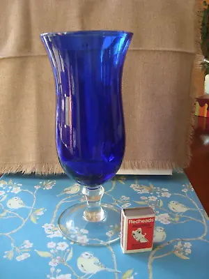 Elegant Tall Vintage Clear Footed  Hand Blown Cobalt Blue Glass Vase 25cm - VGC • $40