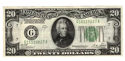 1928 B $20 Federal Reserve Note “REDEEMABLE IN GOLD”LITE GREEN SEAL & SERIAL #'s • $80