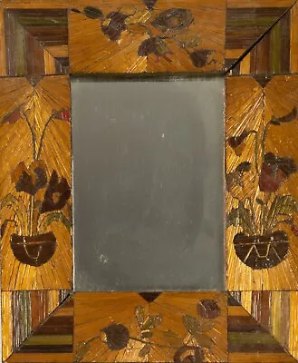 Small Mirror Straw Marquetry 19th Century Regional Work Flowers • $54.10