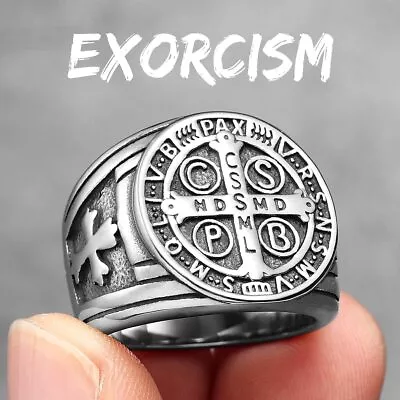 Mens Catholic St Saint Benedict Cross Ring Stainless Steel Exorcism Medal • $12.99