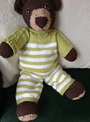 Beautiful Hand Made Gift - Hand Knitted Stuffed Brown Bear Wearing PJ's • £20