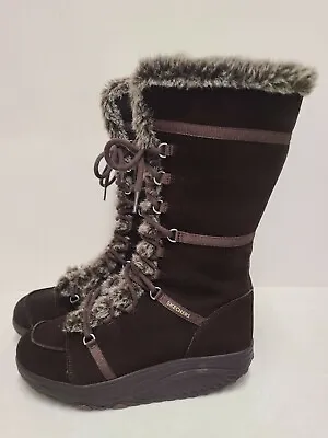 Sketchers Shape Ups Women's Chocolate Fur Leather Furry Winter Boots 9.5 EUC  • $119