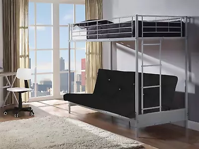 FUTON BUNK BED (With One Futon Mattress) In SILVER METAL FINISH (Black) Cheap • £392.14