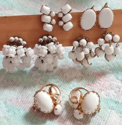 Vintage Lot Of 5 Prs Assorted White Milk Glass Clip-on & Screwback Earrings • $38
