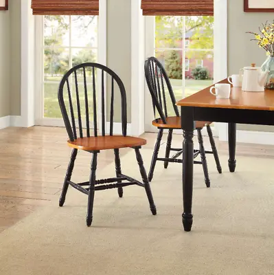 Set 2 Windsor Dining Chairs Oak Black Finish Wood High Back Kitchen Furniture • $149.97