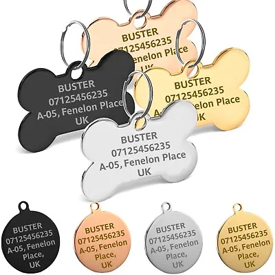 £3.75 • Buy Personalised Round / Bone Engraved Dog ID Name Tag Small / Large Pet / Cat Tags