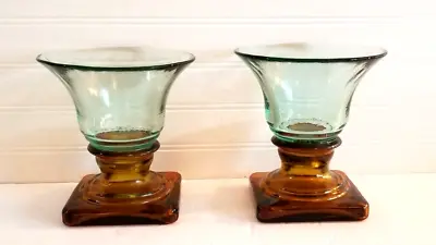 Set 2 Vidrios San Miguel Recycled Glass Amber Pedestal Candle Holder Vase Spain • $67.50