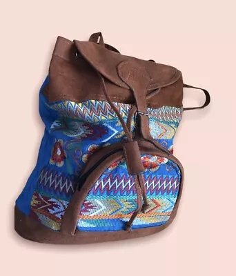 Vintage Guatemala Ethnic Hippie Boho Fabric Distressed Leather Backpack • $29.99