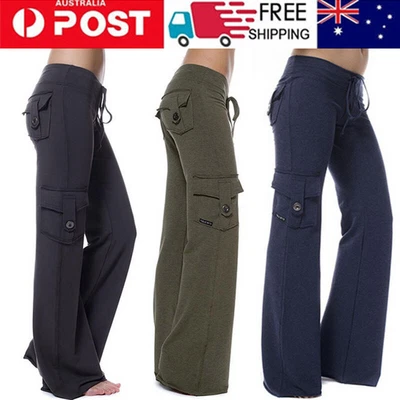 $26.59 • Buy Women Elastic Waist Drawstring Cargo Pockets Wide Leg Casual Yoga Pants Trousers