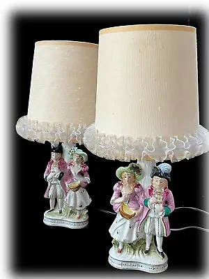 Vtg Pair Colonial Man & Woman Boudoir Lamps W Shades 10  Victorian Japan Working • $48