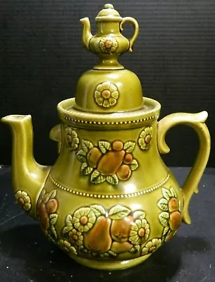 Vintage Large Olive Green Pear Teapot W/ Mini Teapot Finial 12.75  X 10.75  Exc. • $29.99