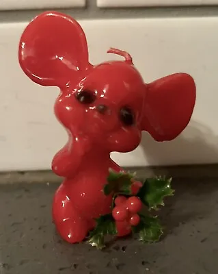 Vintage Red Christmas Mouse W/Holly Christmas Candle 3” • $12