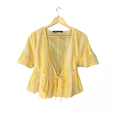 ZARA Aztec Summer Embroidered Sunny Yellow White Boho Open Bow Tie Blouse XS • $19.93