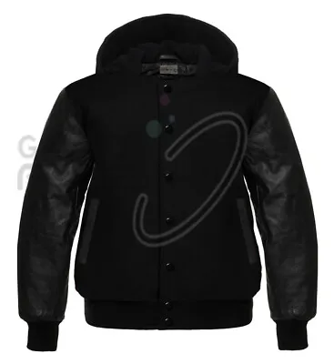 $83.99 • Buy New Varsity Jacket Letterman Hood Solid Black Wool & Real Leather Sleeves Hooded