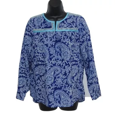 J Crew Womens XS Top Tunic Blue Paisley Peasant Cotton Blouse Embroidery Popover • $10.99