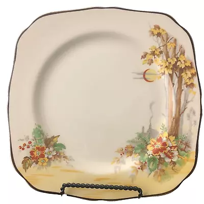 H & K Tunstall Cake Plate Made In England Autumn Floral Design With Brown Trim • $28.92