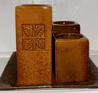 4 Piece Brown Ceramic Tea Light Votive Candle Holder Set W/Tray Vintage • $5.99