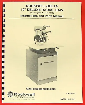 ROCKWELL-Delta 10  Deluxe Radial Arm Saw Owner's & Parts Manual 0801 • $34.18