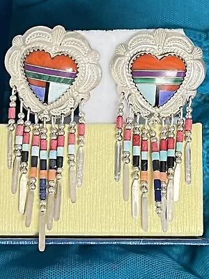 QT Sterling Silver Native American Multi-Stone Inlay And Bead Earrings Signed M • $47