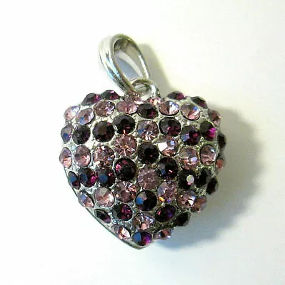 Pink & Violet Rhinestone Puffy Heart Pendant Silver Tone Metal 1  • $10