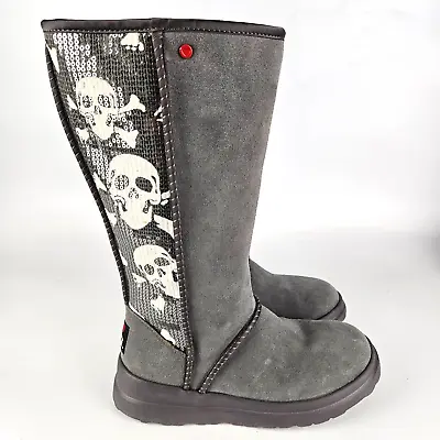 I Heart UGG Skull & Crossbones Sequin Womens Size 6 Gray Tall Suede Boots - NEW • $99.99