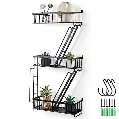  Fire Escape Wall Shelf - Wall Mounted Floating Shelf With 3 Hooks Metal Black • $49.48