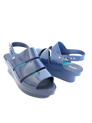 MELISSA Blue Jelly Platform Wedge Buckle Slingback Sandals SZ 7 US - 38 EUR • $47.95