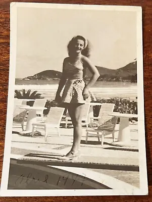 VTG 1947 Snapshot Photo 2-pc Swimsuit Brazil Bathing Beauty Pool Amateur Pinup • $12.37