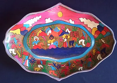 South American Mexican Terra Cotta Hand Painted Platter Farming Fishing Colorful • $15