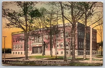 Vicksburg Michigan~New Public School Building~c1910 Hand-Colored Postcard • $13