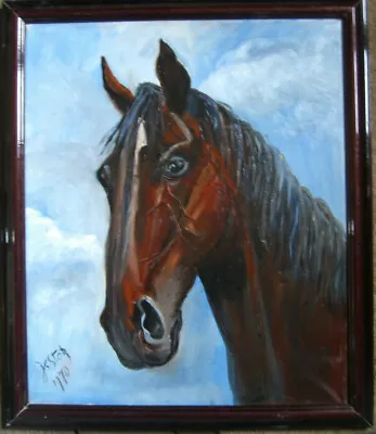 J. Stor Horse Braun Head Portrait Chestnut Canopy Blue Clouds Antique Signed • $191.75