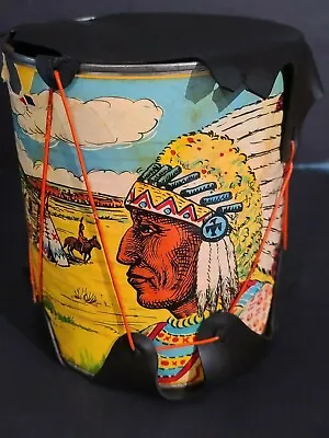 VINTAGE INDIAN DRUM TOY - MADE IN SANTA FE - METAL DRUM - 7  Tall 6  Diameter • $24.99