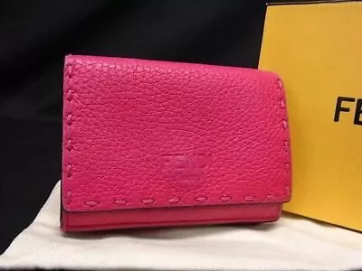 FENDI Compact Trifold Wallet Leather Pink Red Women Authentic  • $162.89