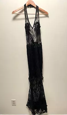 Vintage Womens Maxi Dress Medium Black Floral Lace Mesh Sheer Halter Whimsigoth • $39.88