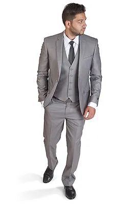 Slim Fit 2 Button 3 Piece Vested Silver Notch Lapel Suit By Azar Man • $119
