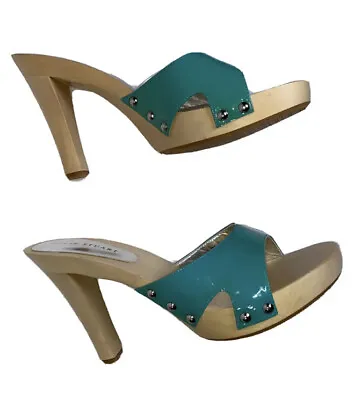 NEW Colin Stuart Leather Slip On Shoes Sz 7M Wood Heels Teal Silver Studs No Box • $35.99