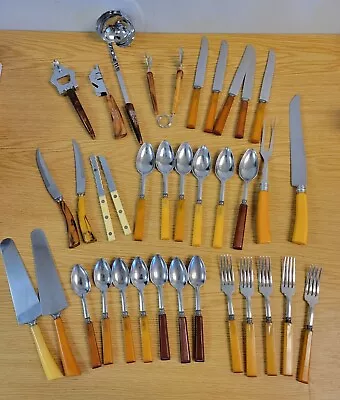Vintage MCM Bakelite Handles Stainless Flatware Fork Knife Spoon Set Lot Of 35 • $31
