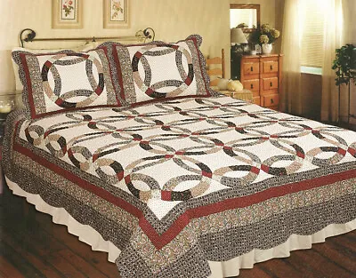 VINTAGE DOUBLE WEDDING RING 3pc King QUILT SET : COTTON PIECED FARMHOUSE RED • $157.45
