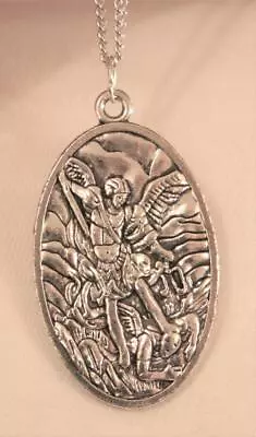 Large Oval Etched Silvertone St. Michael & Guardian Angel  Medal Necklace • $13.99