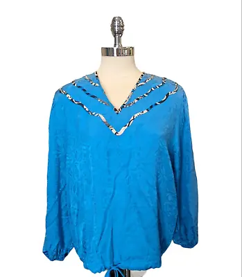 VINTAGE DIANE FREIS BLUE FLORAL PRINT TOP SHIRT BLOUSE  M / L Silk • $25
