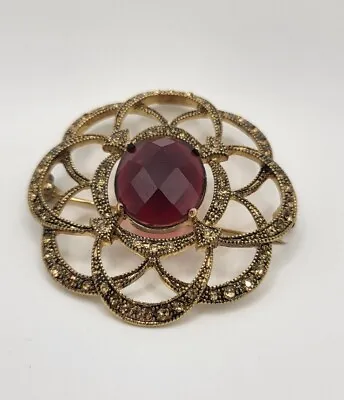 Vintage 70s Monet Brilliant Red Flower Swirl Rhinestones Gold Tone Brooch Pin • $11