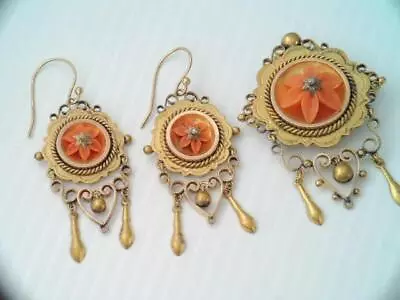 Gorgeous Victorian 10k Gold Carved Coral Flower Pendant & Earring Set • $999