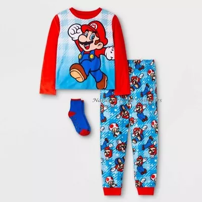 Super Mario Bros Pajamas Size 10-12 Large Boys 3 Piece Set +Socks Luigi Toad NWT • $28.95