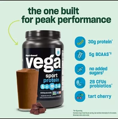 Vega Sport Premium Plant-Based Protein Powder Chocolate 20 Servings (29.2oz) • $29.80