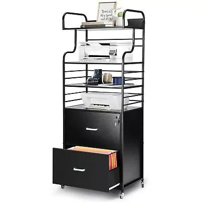 Vertical File Cabinet 2 Drawer Mobile Filing Cabinet With 3 Bookshelf Print... • $109.86