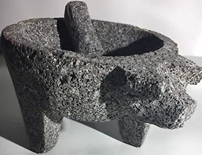 Mexican 10 Inch Mortar & Pestle Piedra Negra Black Stone Genuine Molcajete Pig • $39.87