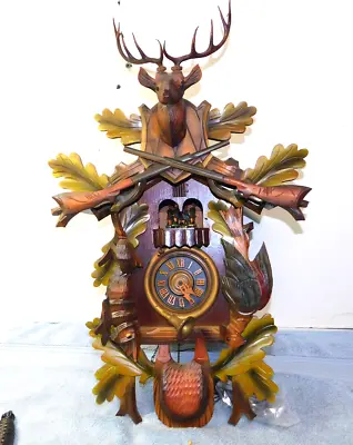 Large 1-Day Germany Hunter Musical Cuckoo Clock With Deer Rabbit BLACK FOREST • $275