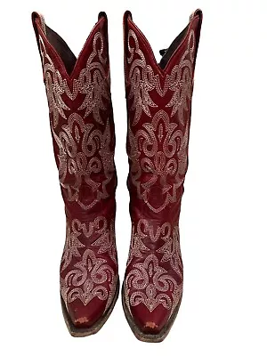 LANE “Wild Ginger” Snip Toe Cowgirl Boots Red White Stitch | Size 7.5 • $75